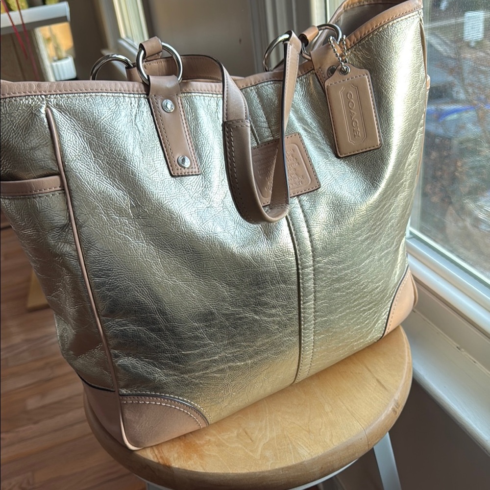 Coach Gold and Tan Metallic Leather Tote
